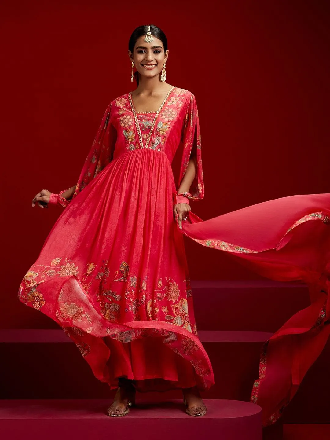 Jashvi Art Coral Printed Silk Anarkali Suit With Dupatta