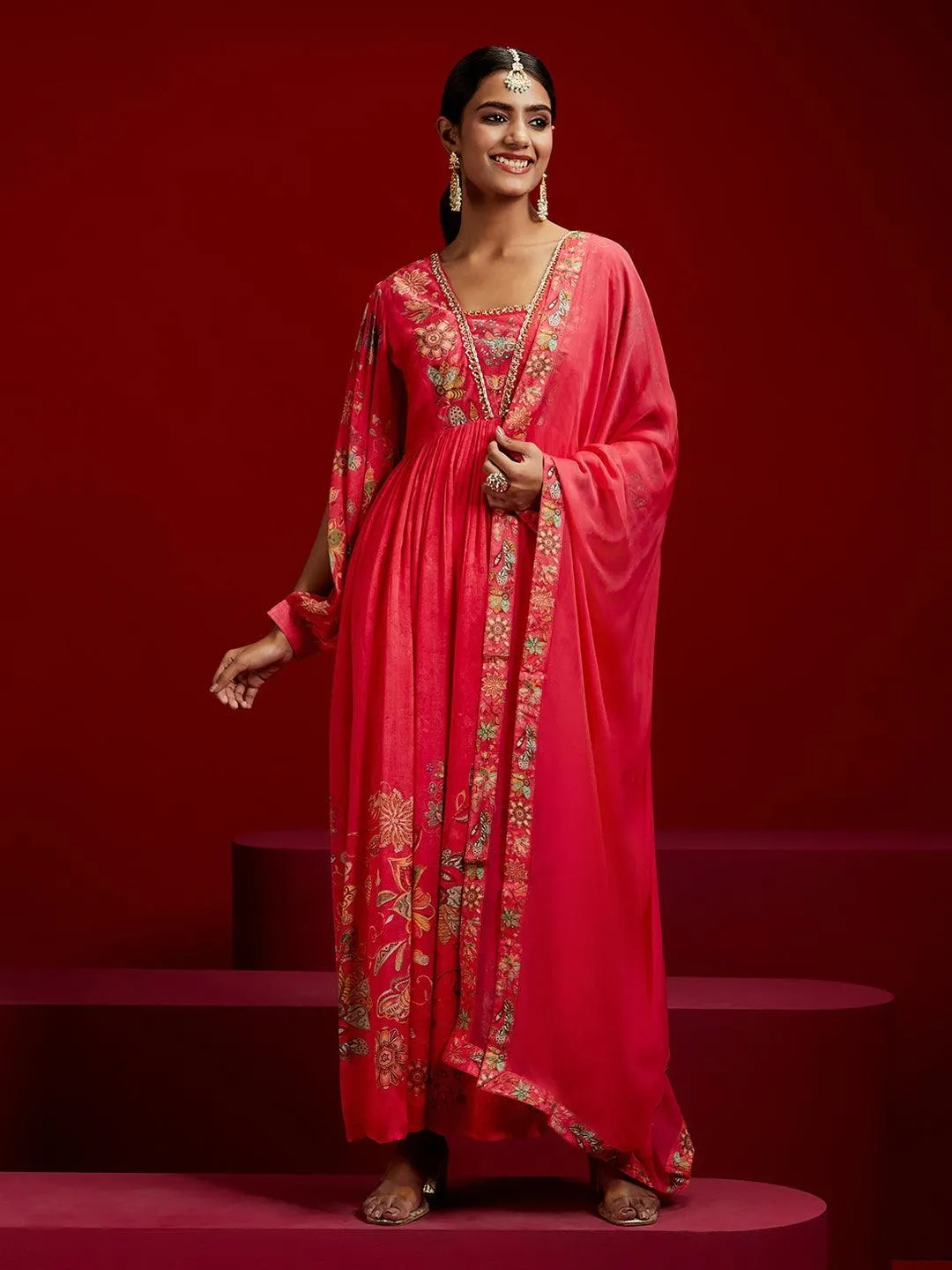 Jashvi Art Coral Printed Silk Anarkali Suit With Dupatta