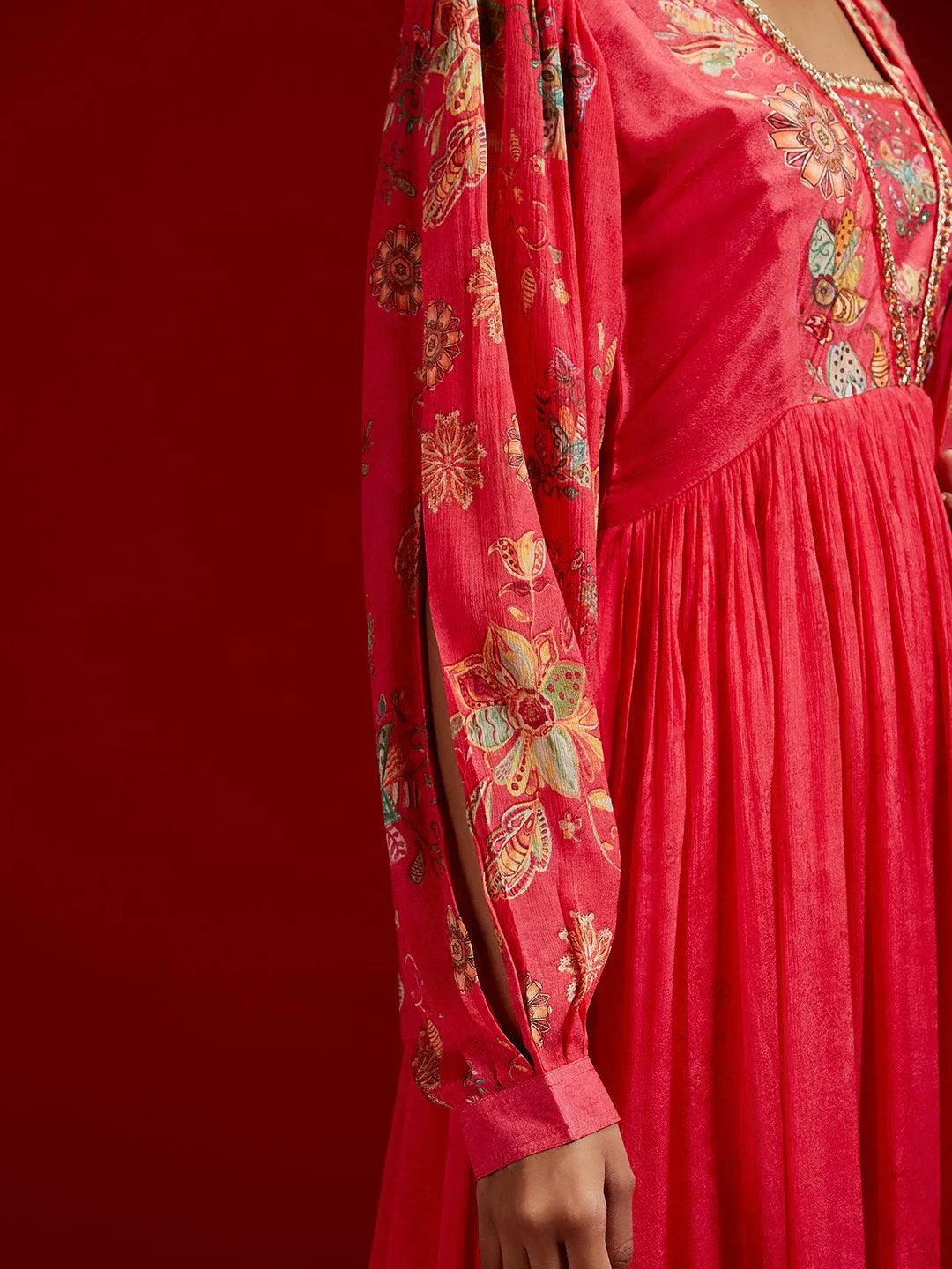 Jashvi Art Coral Printed Silk Anarkali Suit With Dupatta