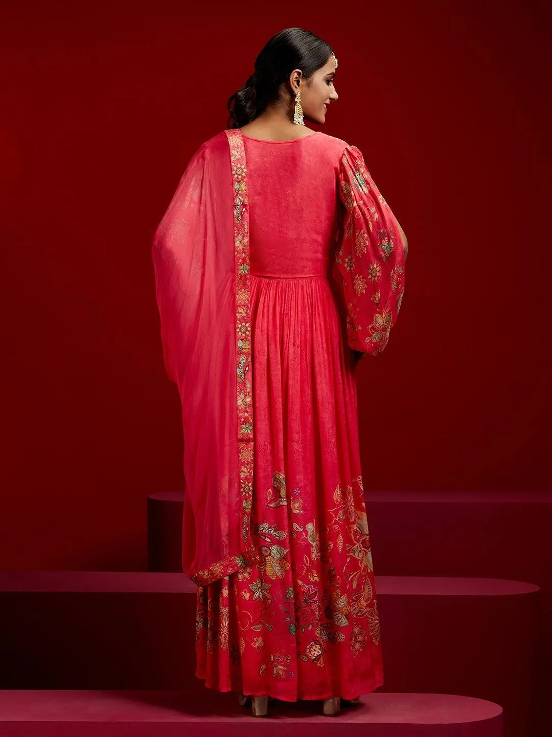 Jashvi Art Coral Printed Silk Anarkali Suit With Dupatta