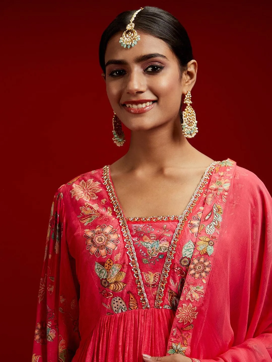 Jashvi Art Coral Printed Silk Anarkali Suit With Dupatta