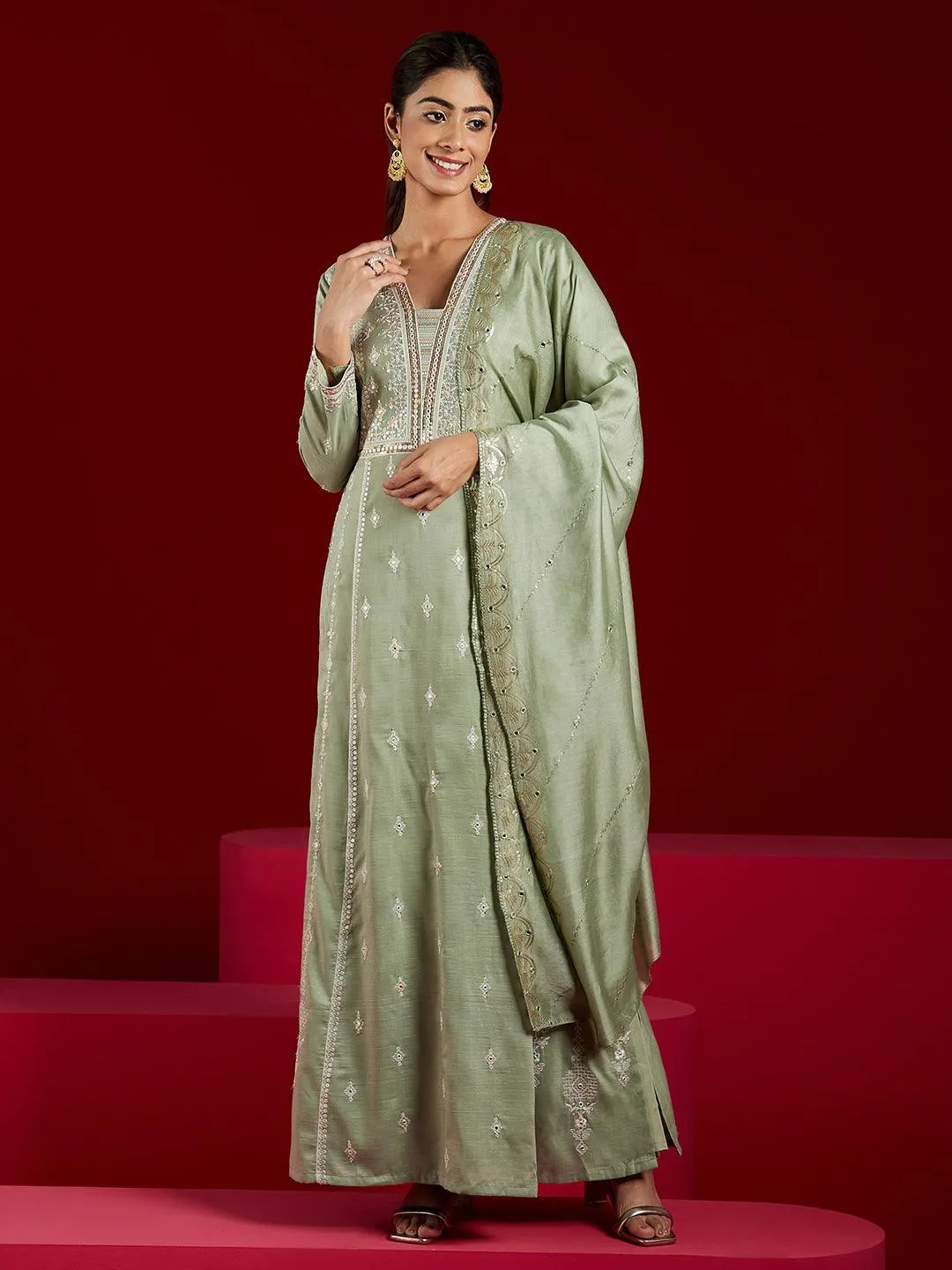 Jashvi Art Dusty Green Embroidered Silk Blend A-Line Kurta With Trousers & Dupatta