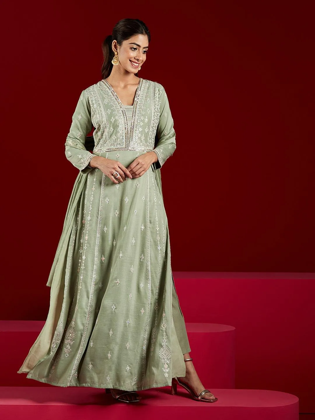 Jashvi Art Dusty Green Embroidered Silk Blend A-Line Kurta With Trousers & Dupatta