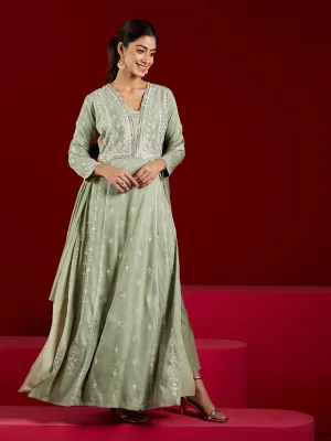 Jashvi Art Dusty Green Embroidered Silk Blend A-Line Kurta With Trousers & Dupatta
