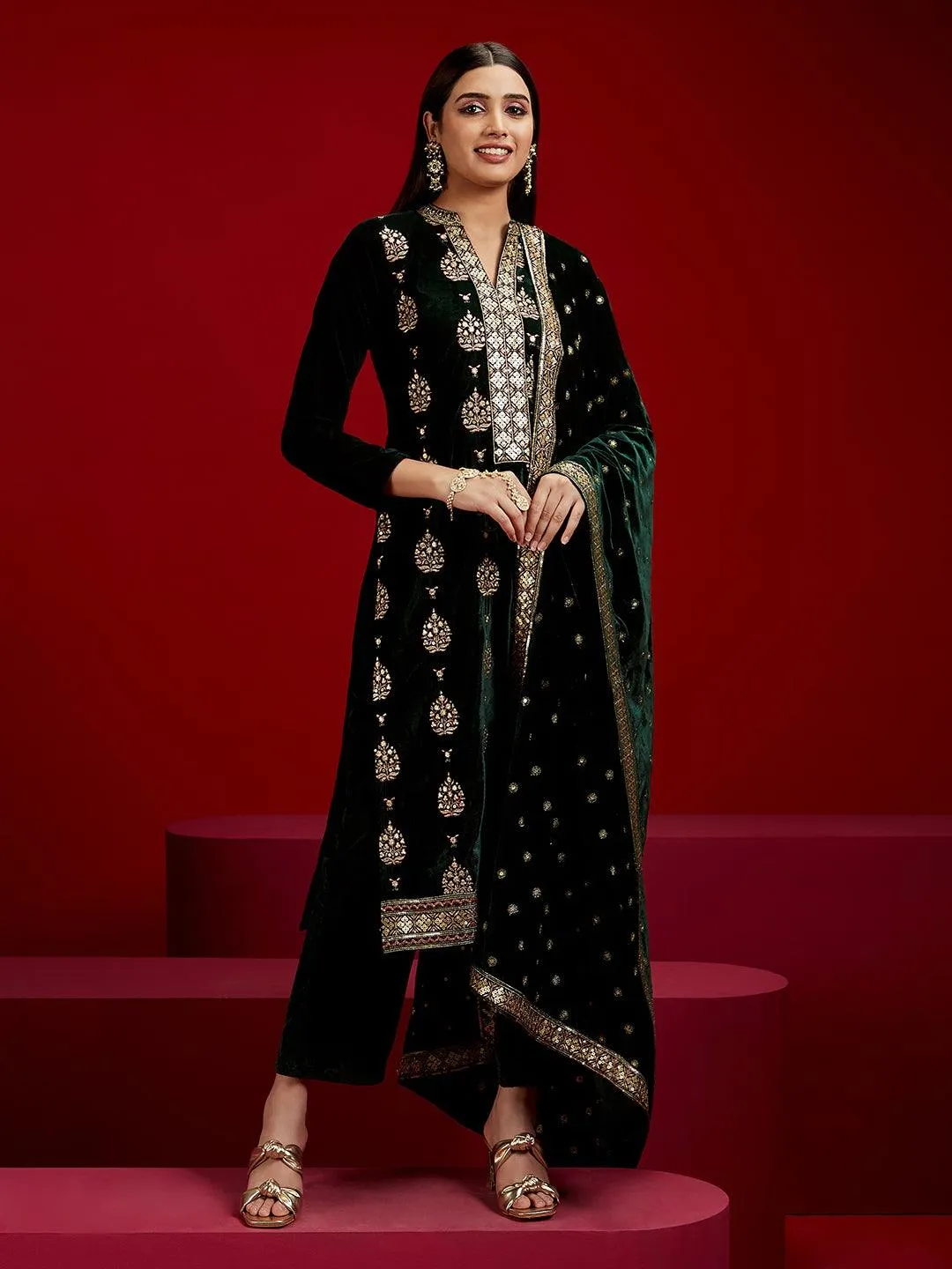 Jashvi Art Green Embroidered Velvet Straight Suit With Dupatta