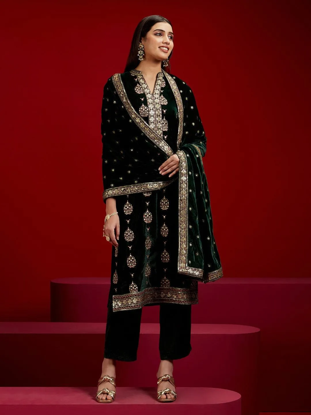 Jashvi Art Green Embroidered Velvet Straight Suit With Dupatta