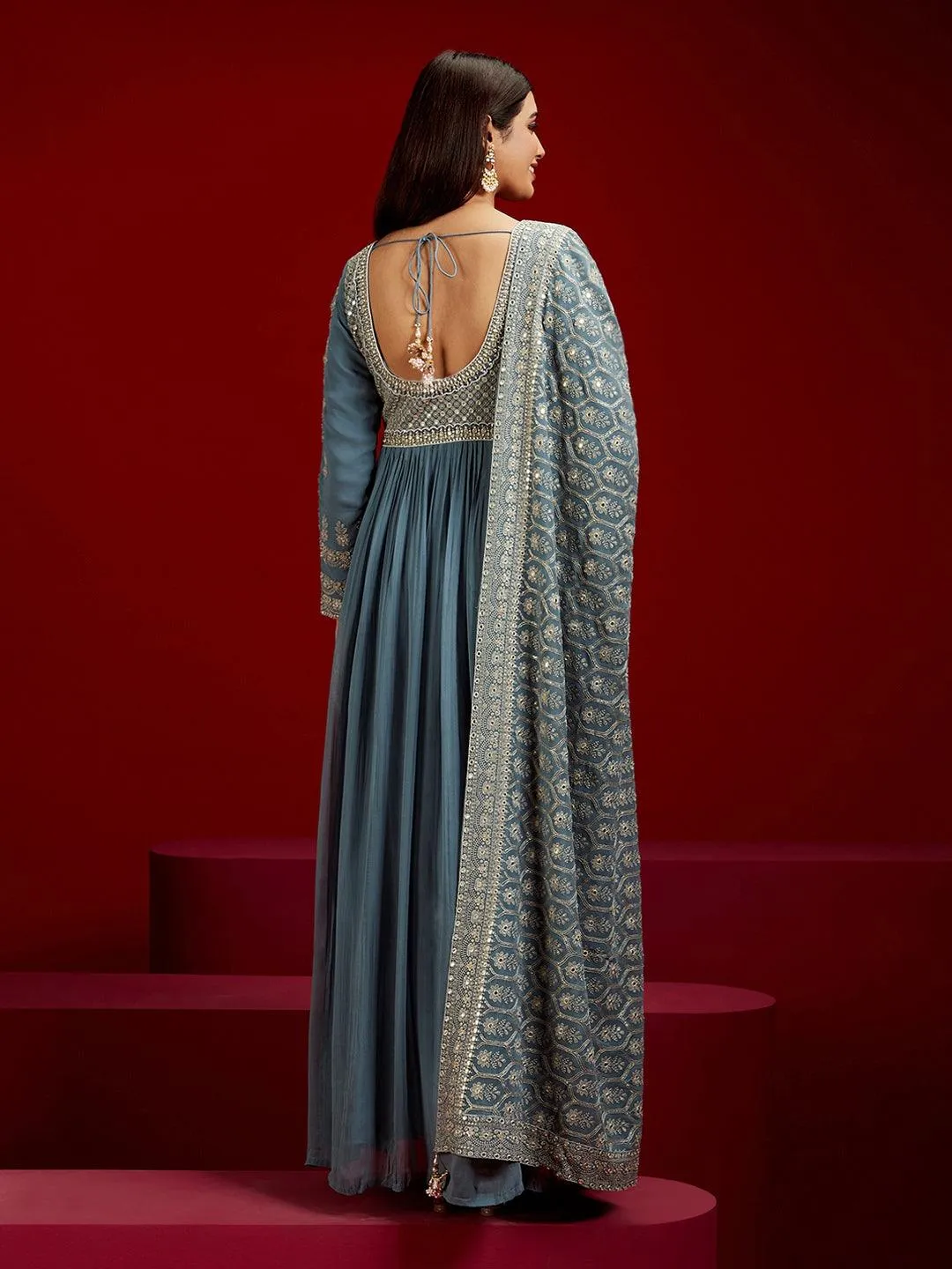 Jashvi Art Grey Yoke Design Georgette A-Line Kurta With Trousers & Dupatta