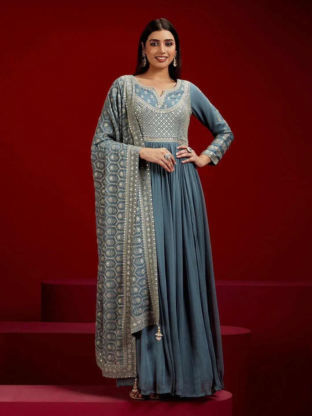 Jashvi Art Grey Yoke Design Georgette A-Line Kurta With Trousers & Dupatta