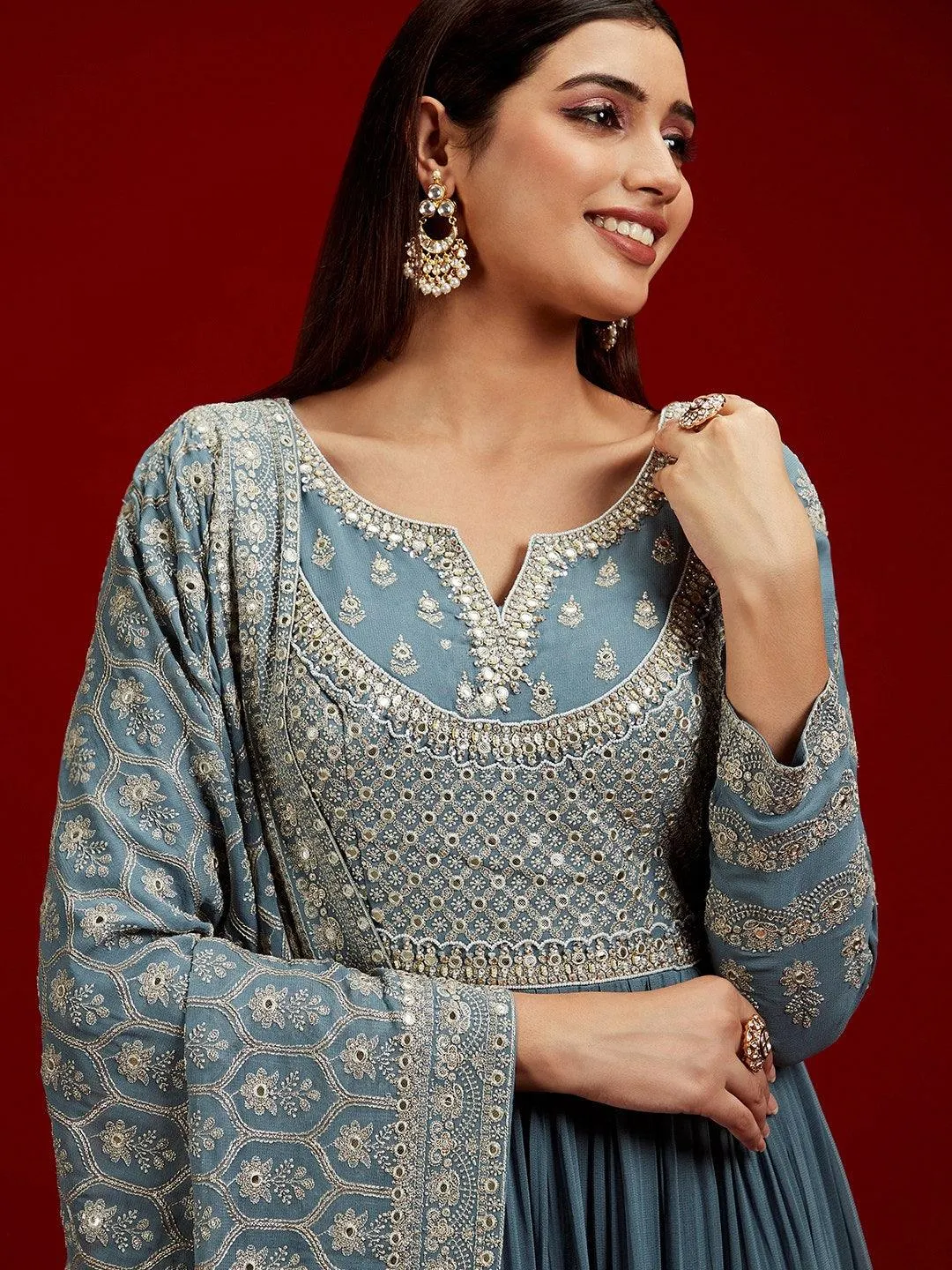 Jashvi Art Grey Yoke Design Georgette A-Line Kurta With Trousers & Dupatta
