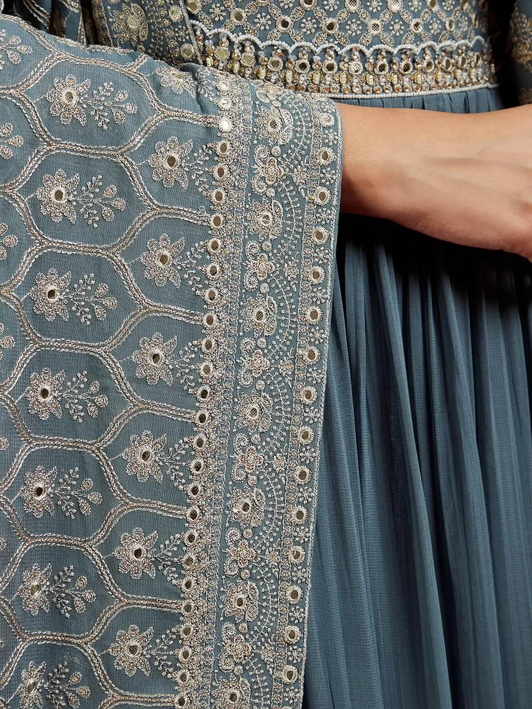 Jashvi Art Grey Yoke Design Georgette A-Line Kurta With Trousers & Dupatta