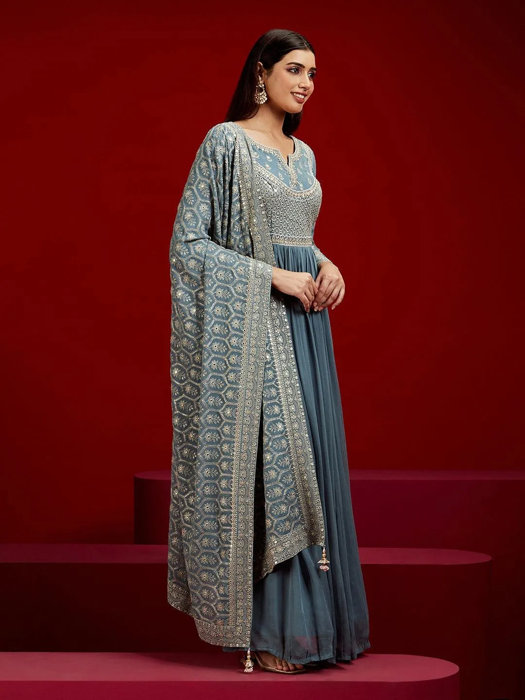 Jashvi Art Grey Yoke Design Georgette A-Line Kurta With Trousers & Dupatta