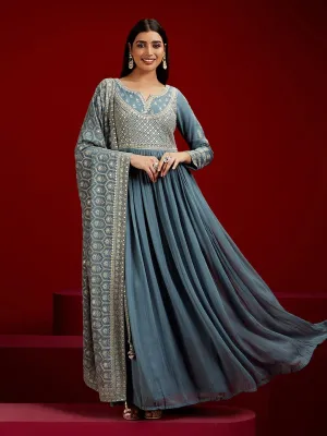 Jashvi Art Grey Yoke Design Georgette A-Line Kurta With Trousers & Dupatta