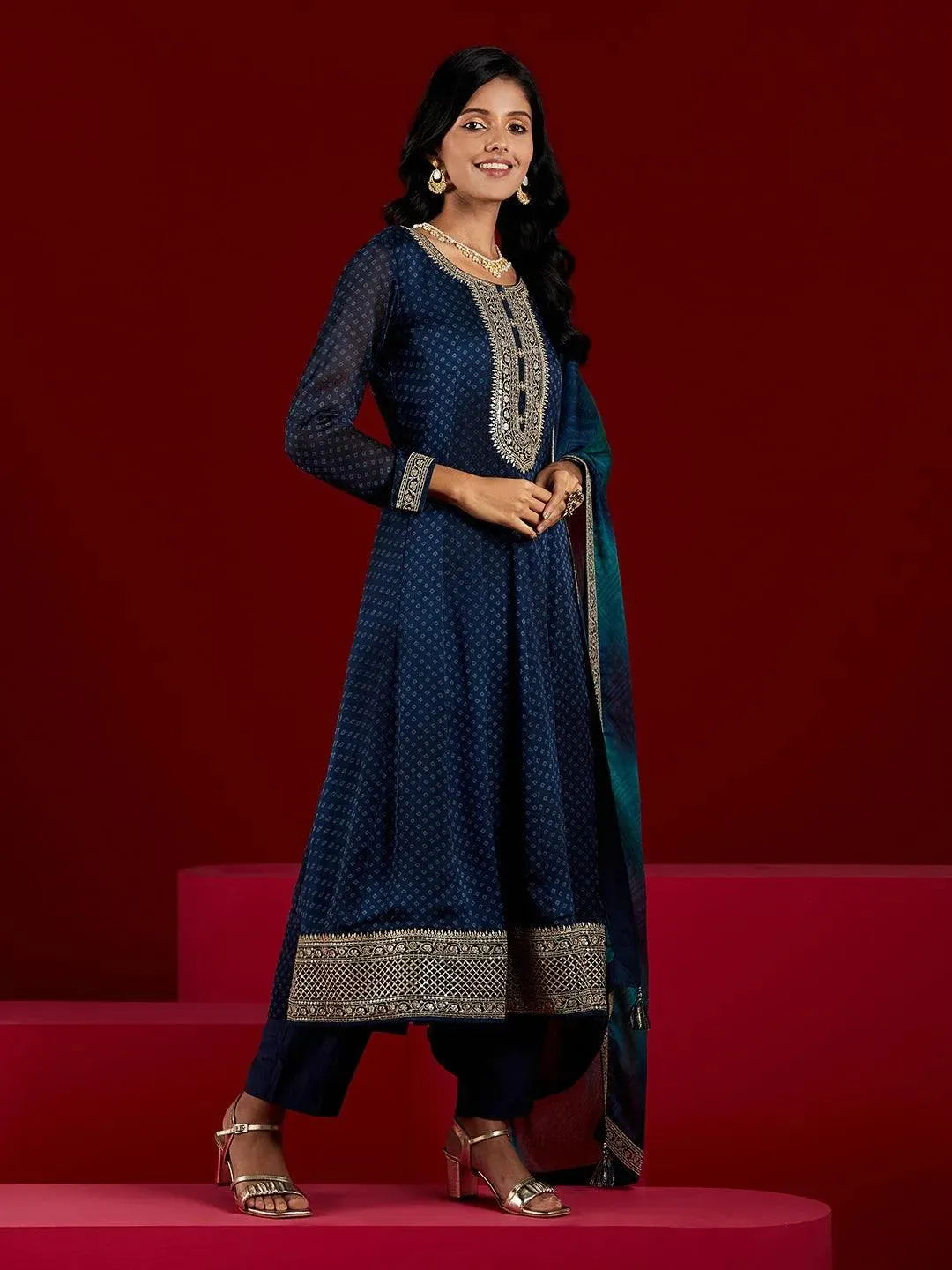 Libas Art Blue Printed Chiffon Anarkali Suit With Dupatta