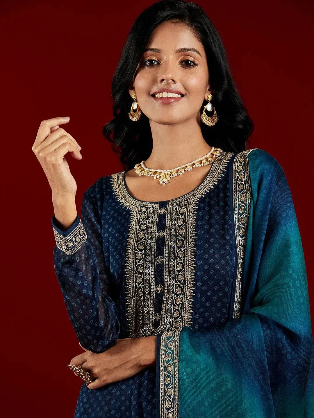 Libas Art Blue Printed Chiffon Anarkali Suit With Dupatta