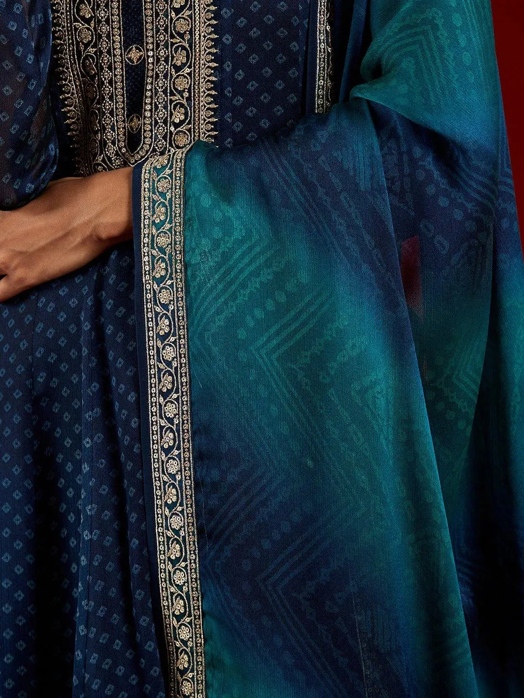 Libas Art Blue Printed Chiffon Anarkali Suit With Dupatta
