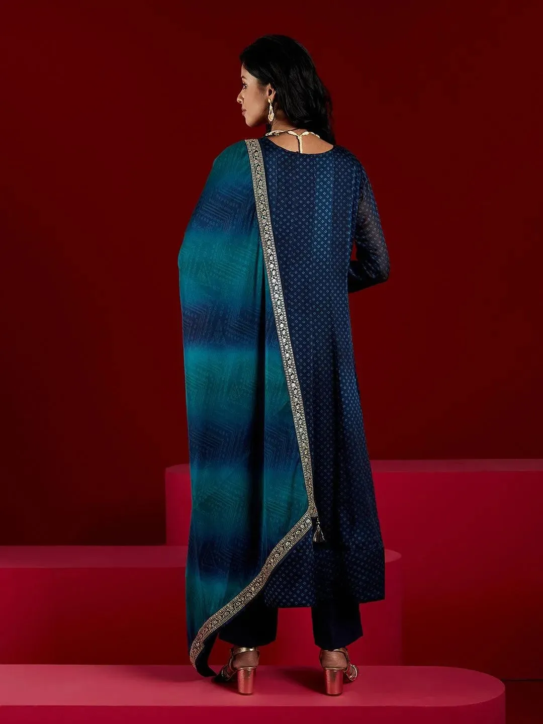 Libas Art Blue Printed Chiffon Anarkali Suit With Dupatta