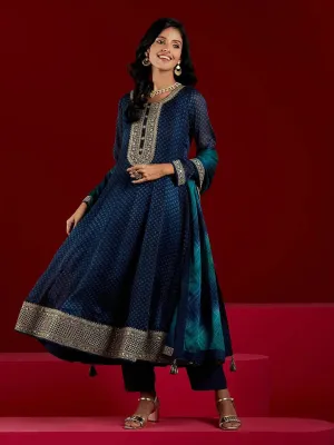 Libas Art Blue Printed Chiffon Anarkali Suit With Dupatta