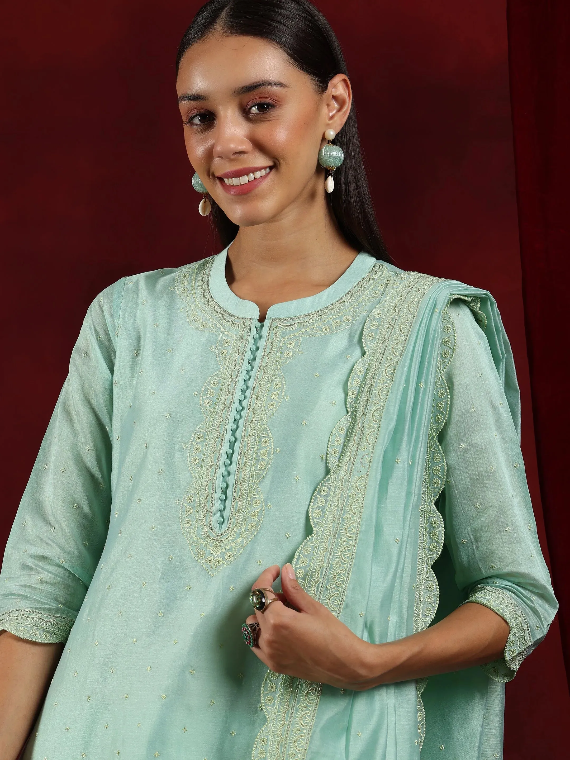 Libas Art Sea Green Embroidered Chanderi Silk Straight Suit With Dupatta