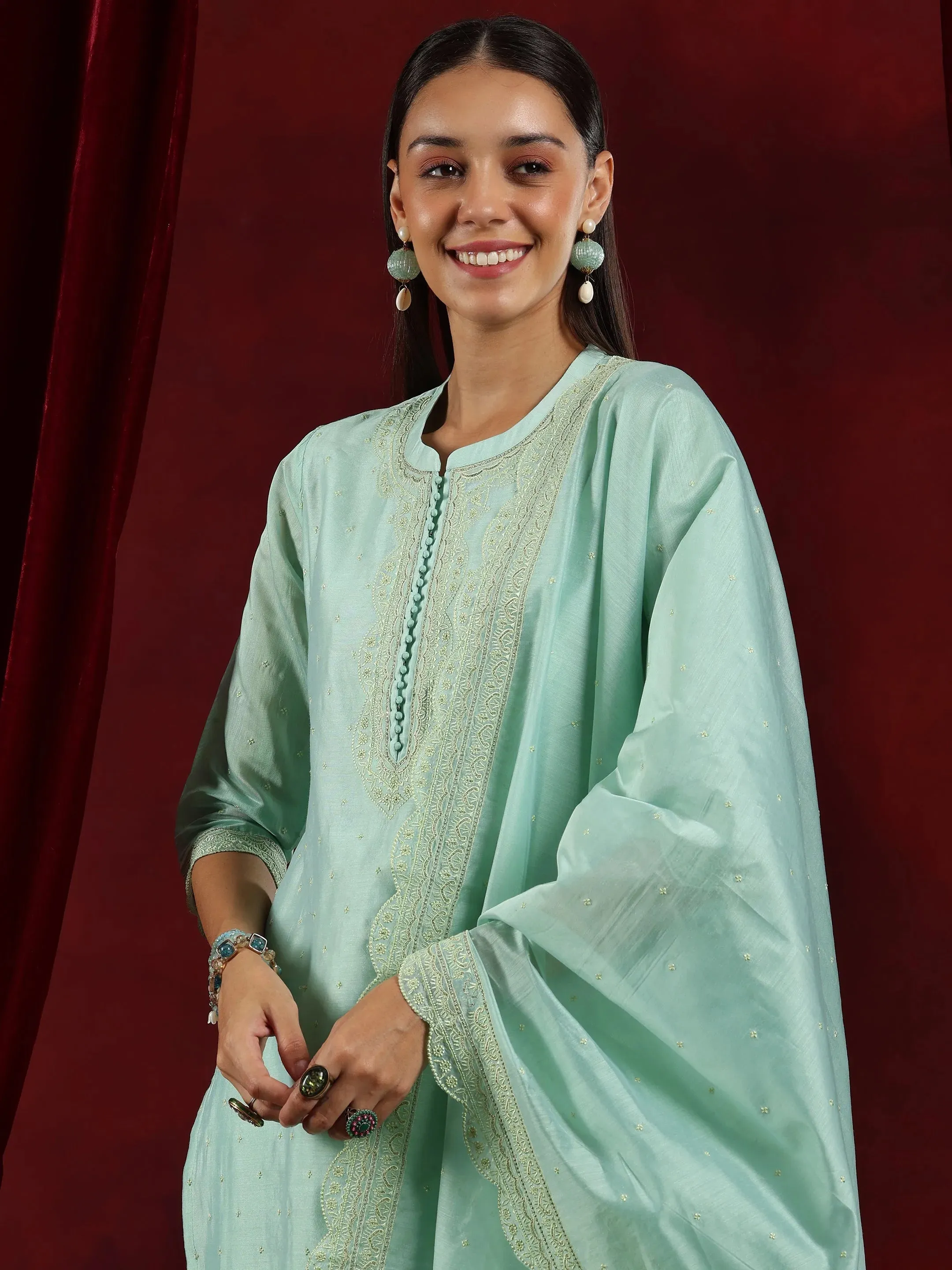 Libas Art Sea Green Embroidered Chanderi Silk Straight Suit With Dupatta