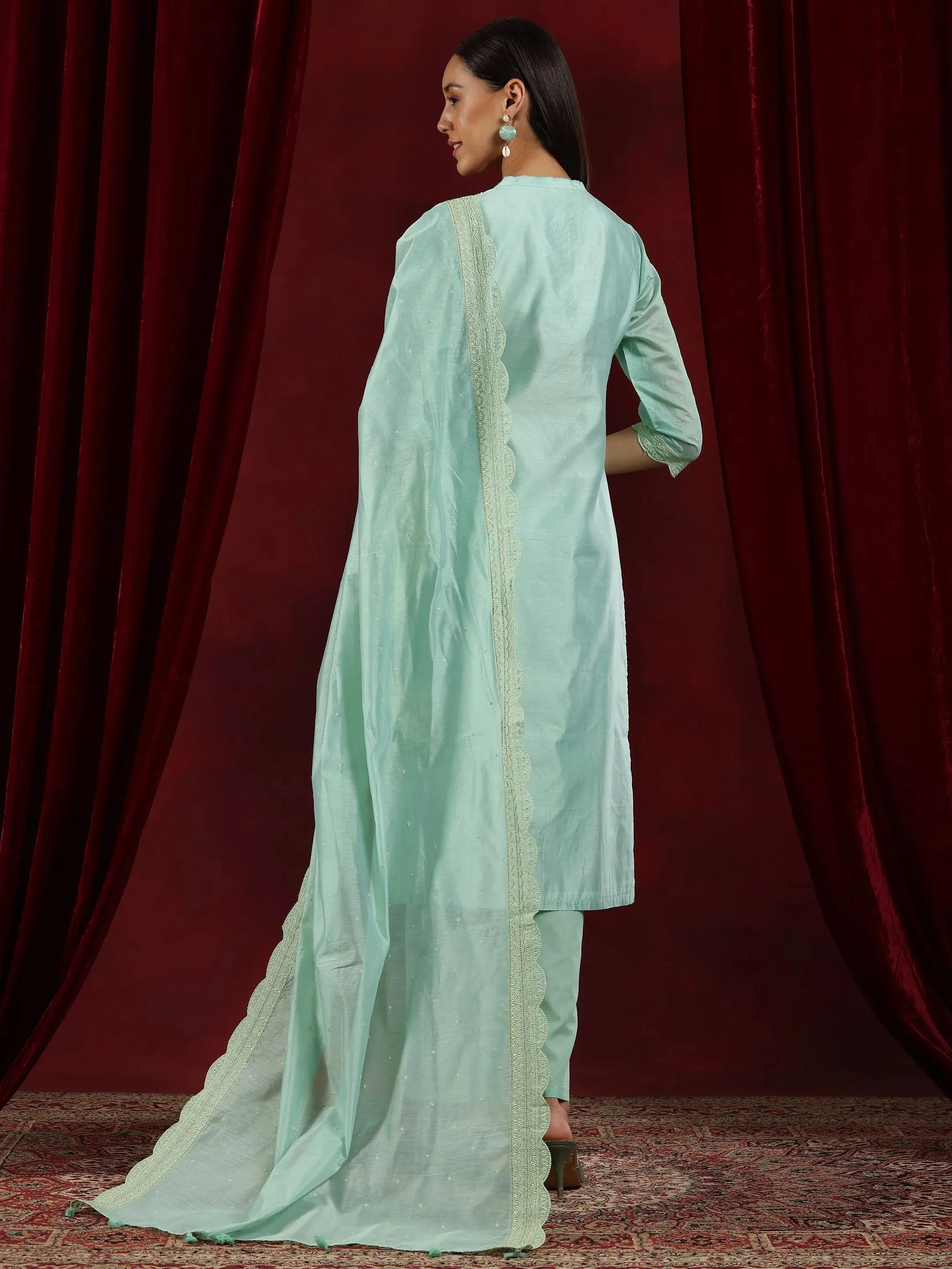 Libas Art Sea Green Embroidered Chanderi Silk Straight Suit With Dupatta
