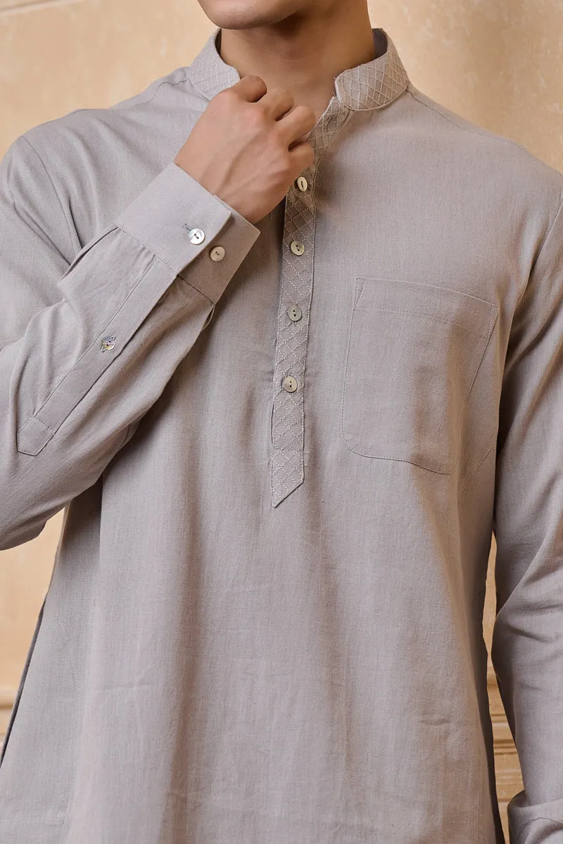 Light Grey Single Kurta With Textured Collar