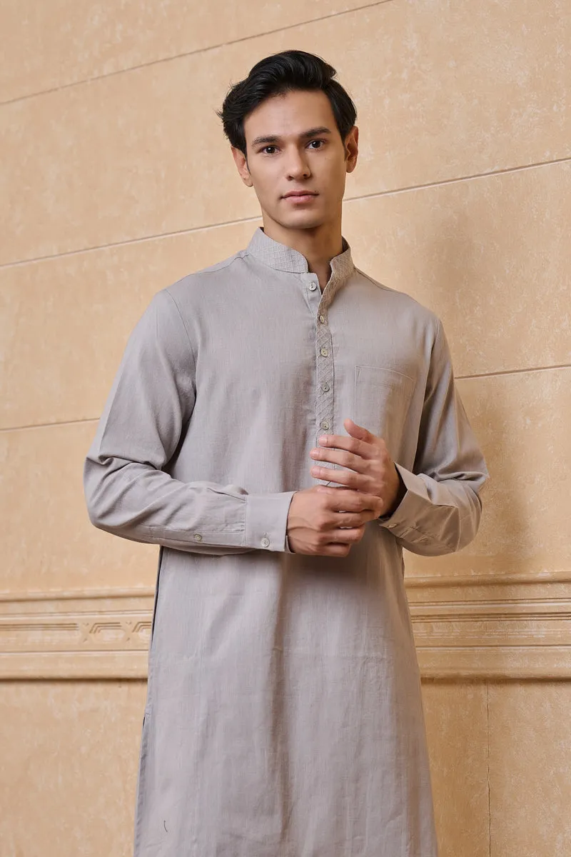 Light Grey Single Kurta With Textured Collar