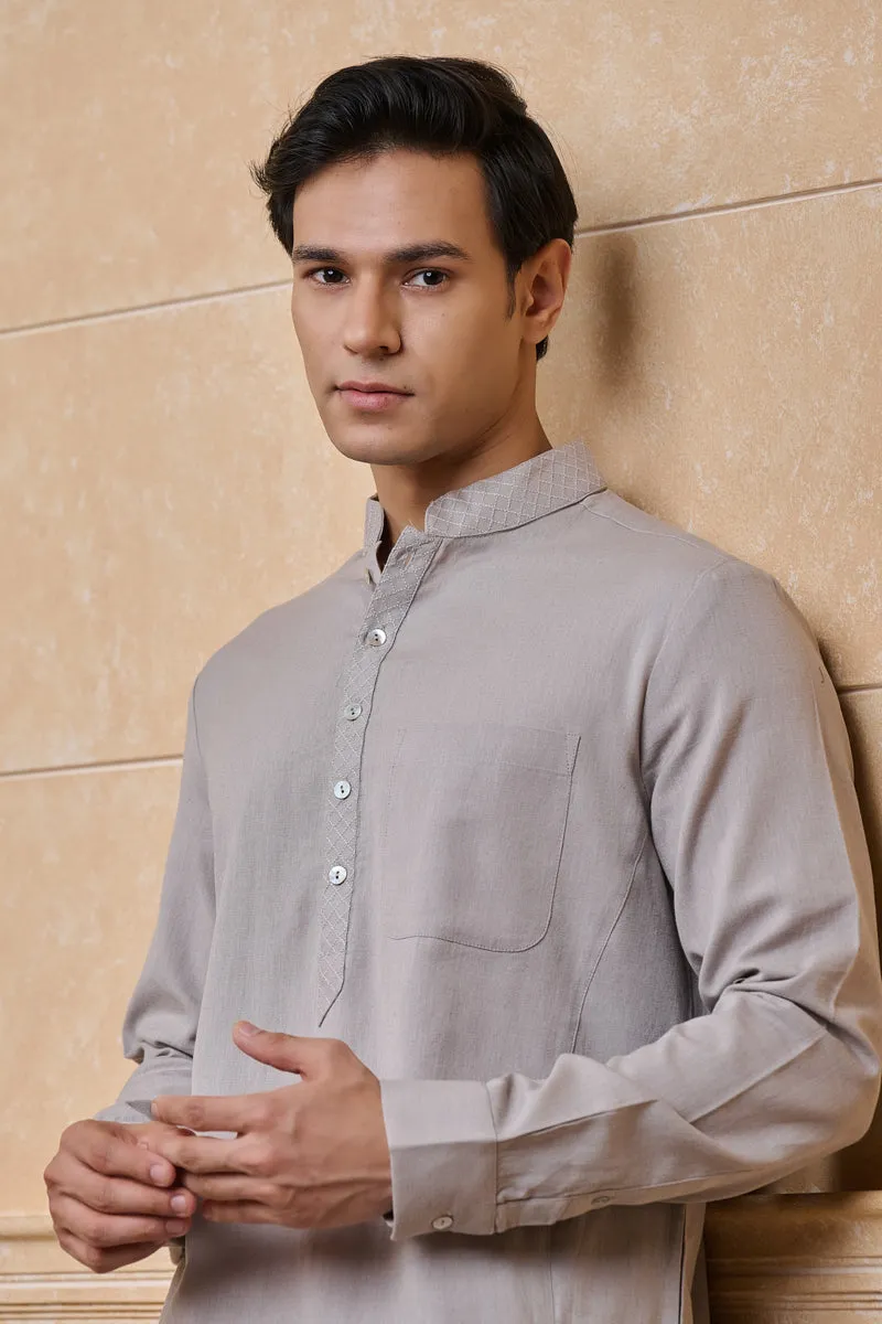 Light Grey Single Kurta With Textured Collar