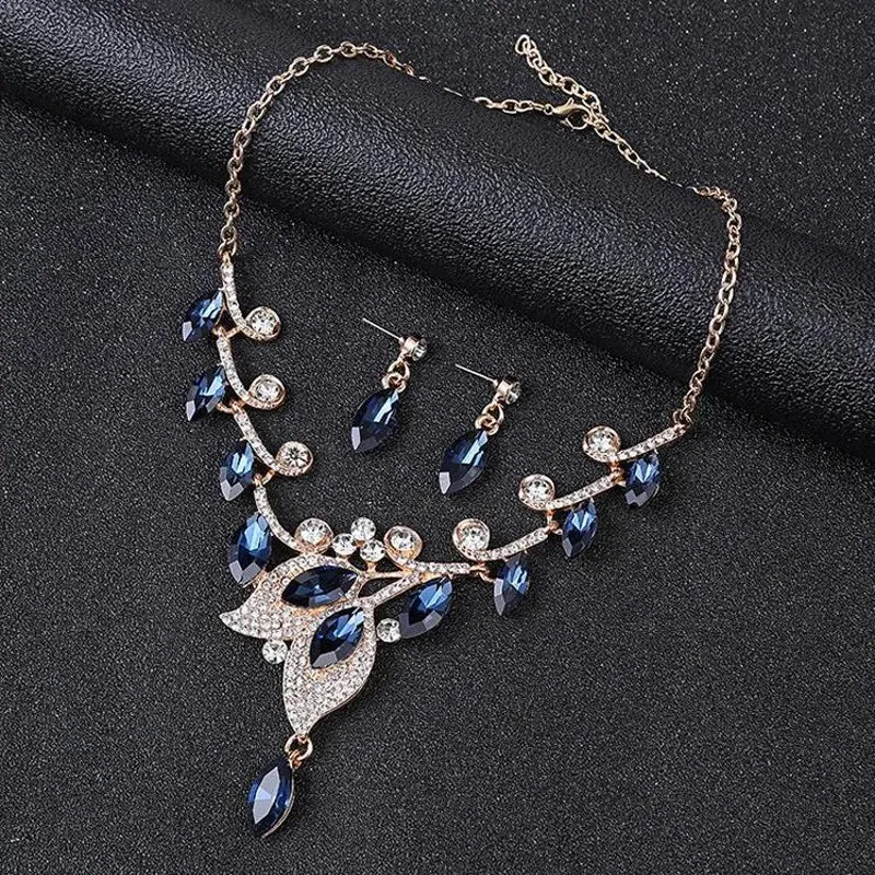 Luxury Leaf Design Crystal Rhinestone Necklace and Earrings Set for Special Occasions - Bridal - Quince - Party