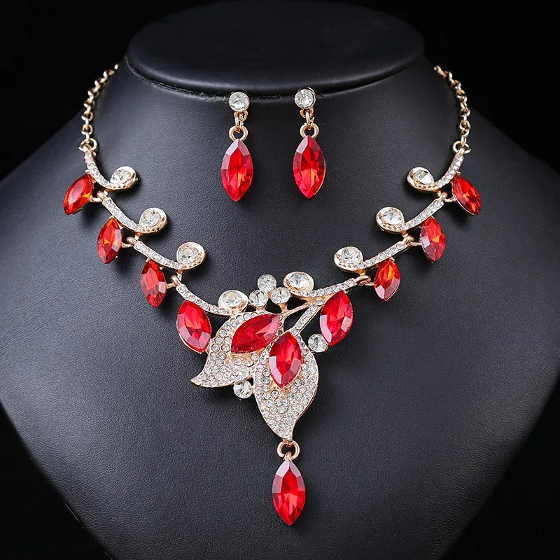 Luxury Leaf Design Crystal Rhinestone Necklace and Earrings Set for Special Occasions - Bridal - Quince - Party