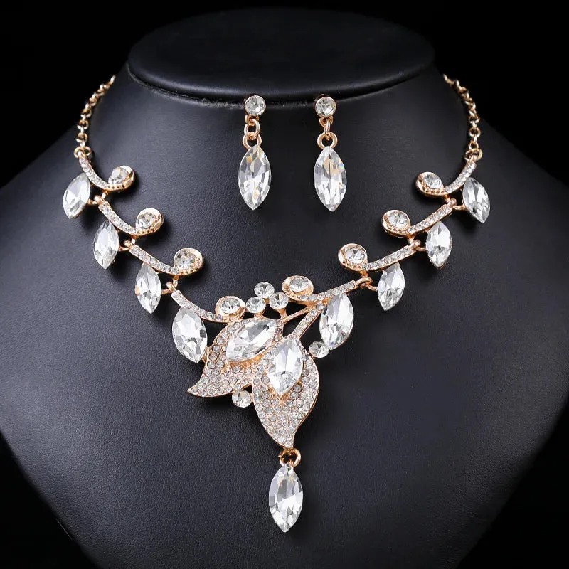 Luxury Leaf Design Crystal Rhinestone Necklace and Earrings Set for Special Occasions - Bridal - Quince - Party
