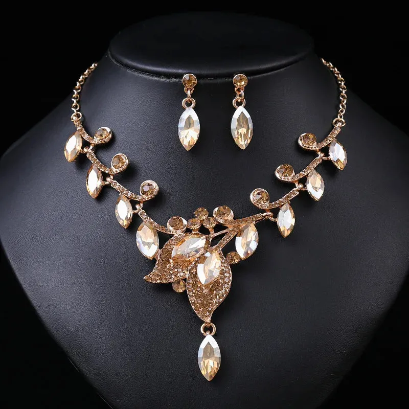 Luxury Leaf Design Crystal Rhinestone Necklace and Earrings Set for Special Occasions - Bridal - Quince - Party