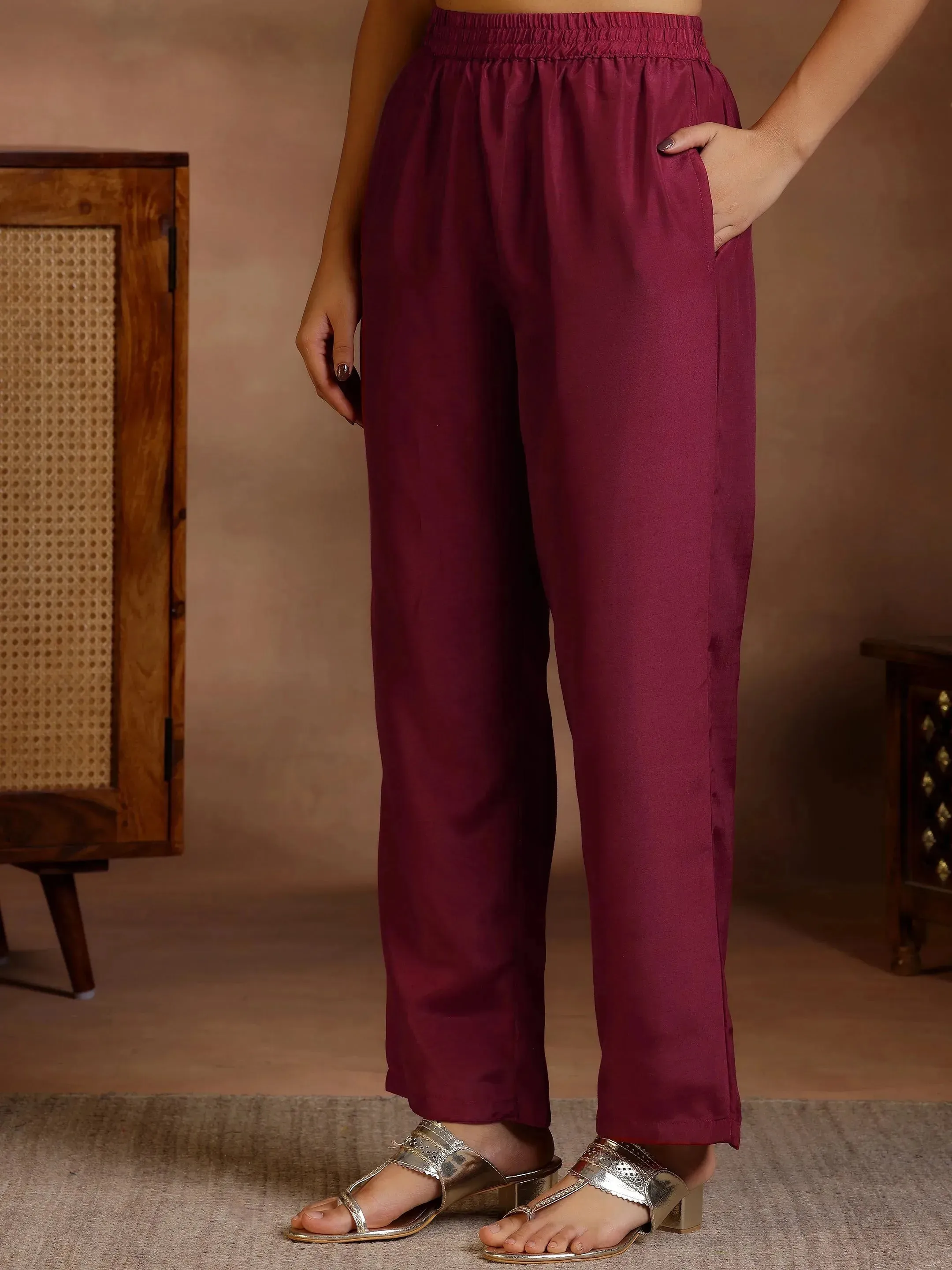 Maroon Embroidered Silk Blend Straight Suits With Dupatta