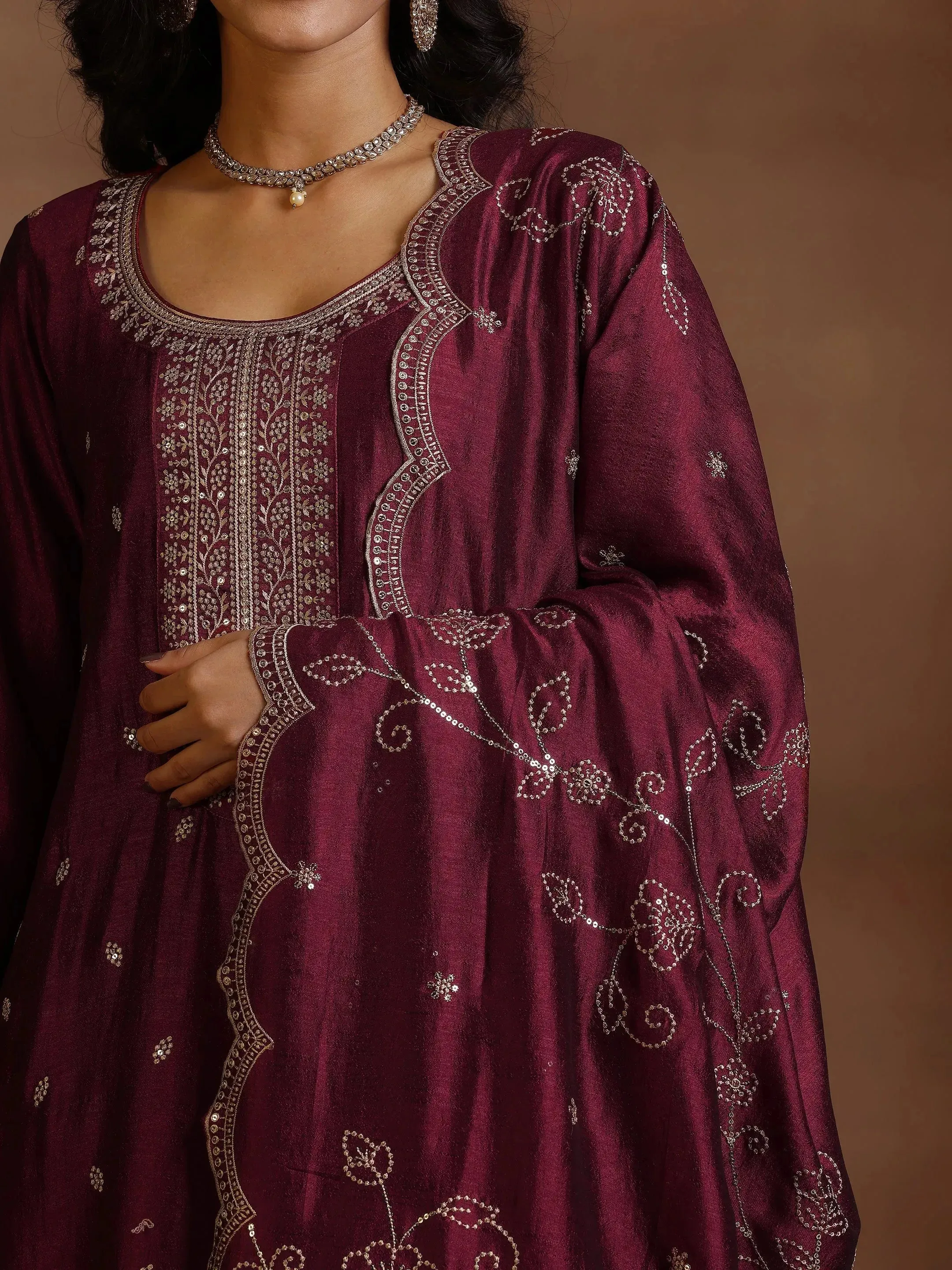 Maroon Embroidered Silk Blend Straight Suits With Dupatta