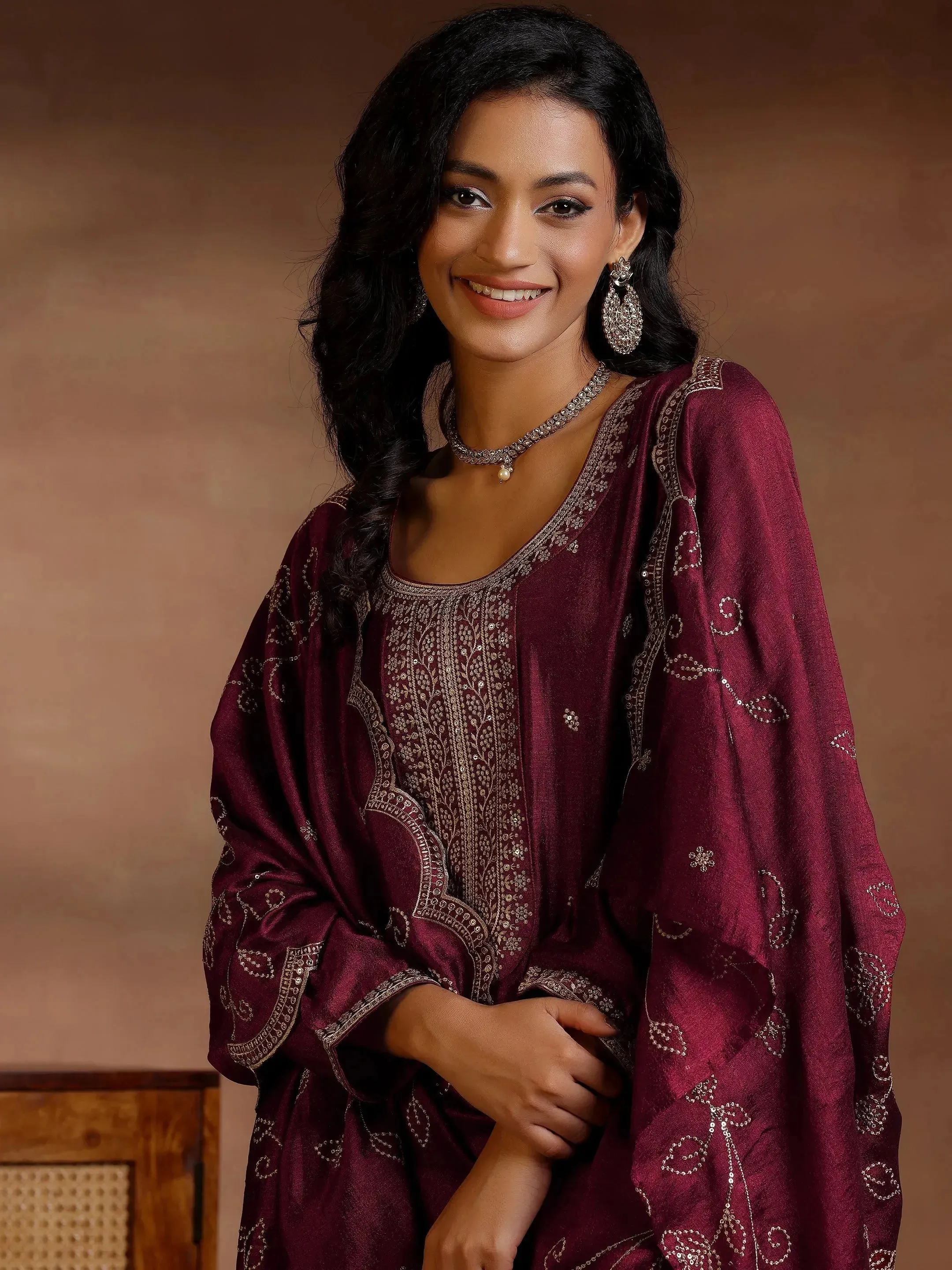 Maroon Embroidered Silk Blend Straight Suits With Dupatta