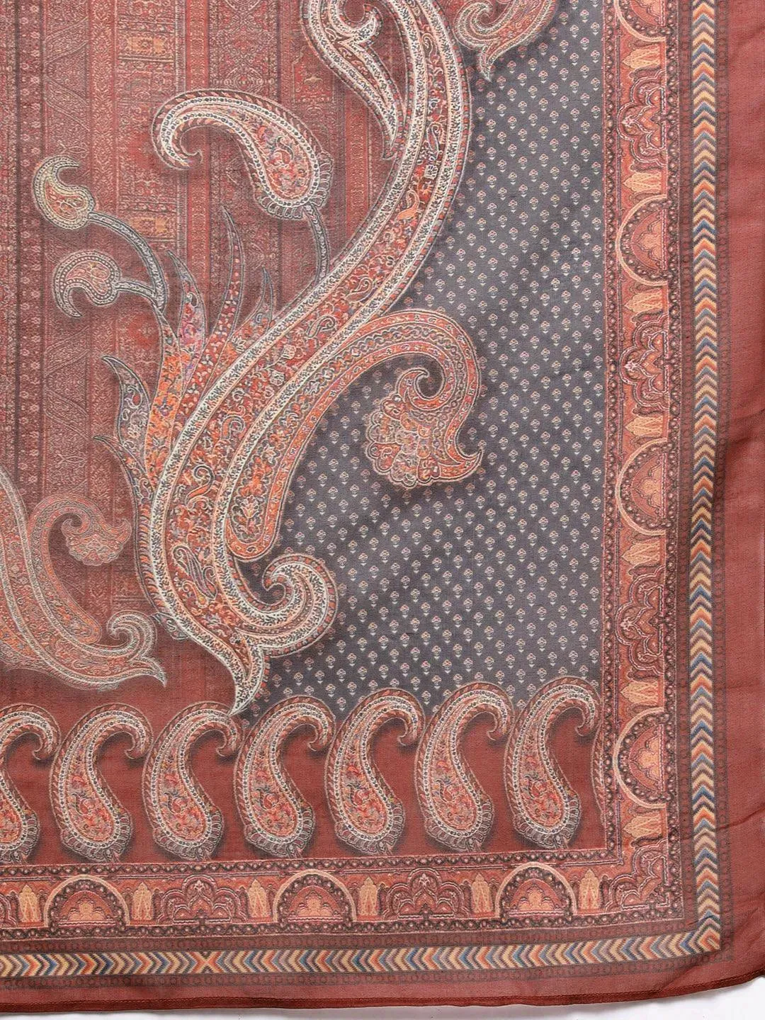Maroon Printed Crepe Straight Kurta With Trousers & Dupatta