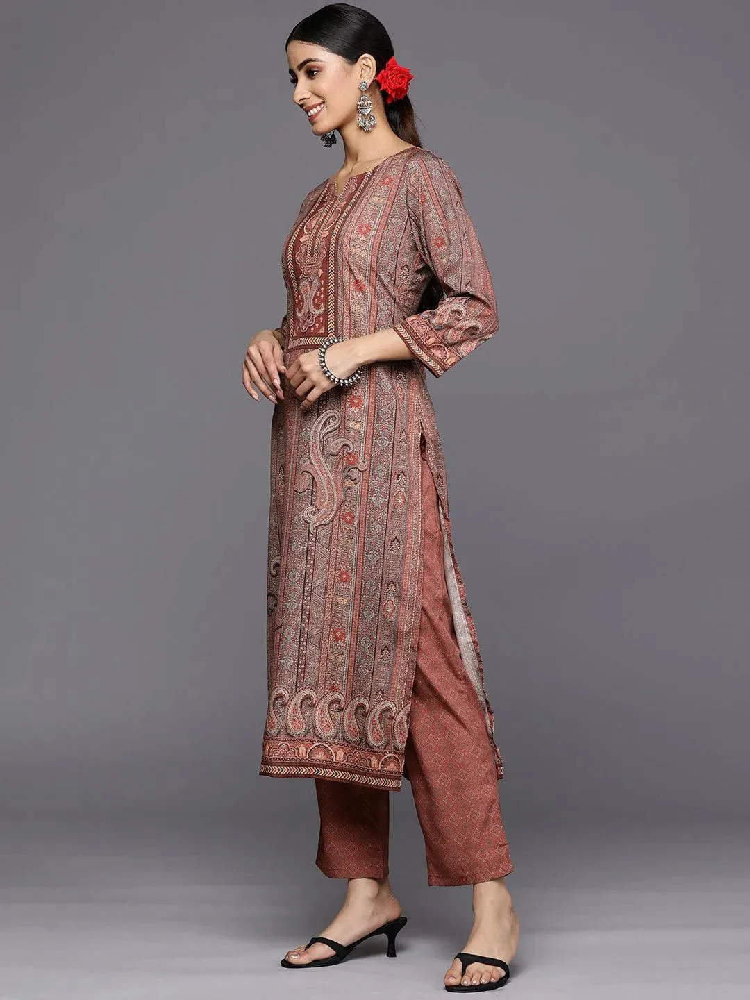Maroon Printed Crepe Straight Kurta With Trousers & Dupatta