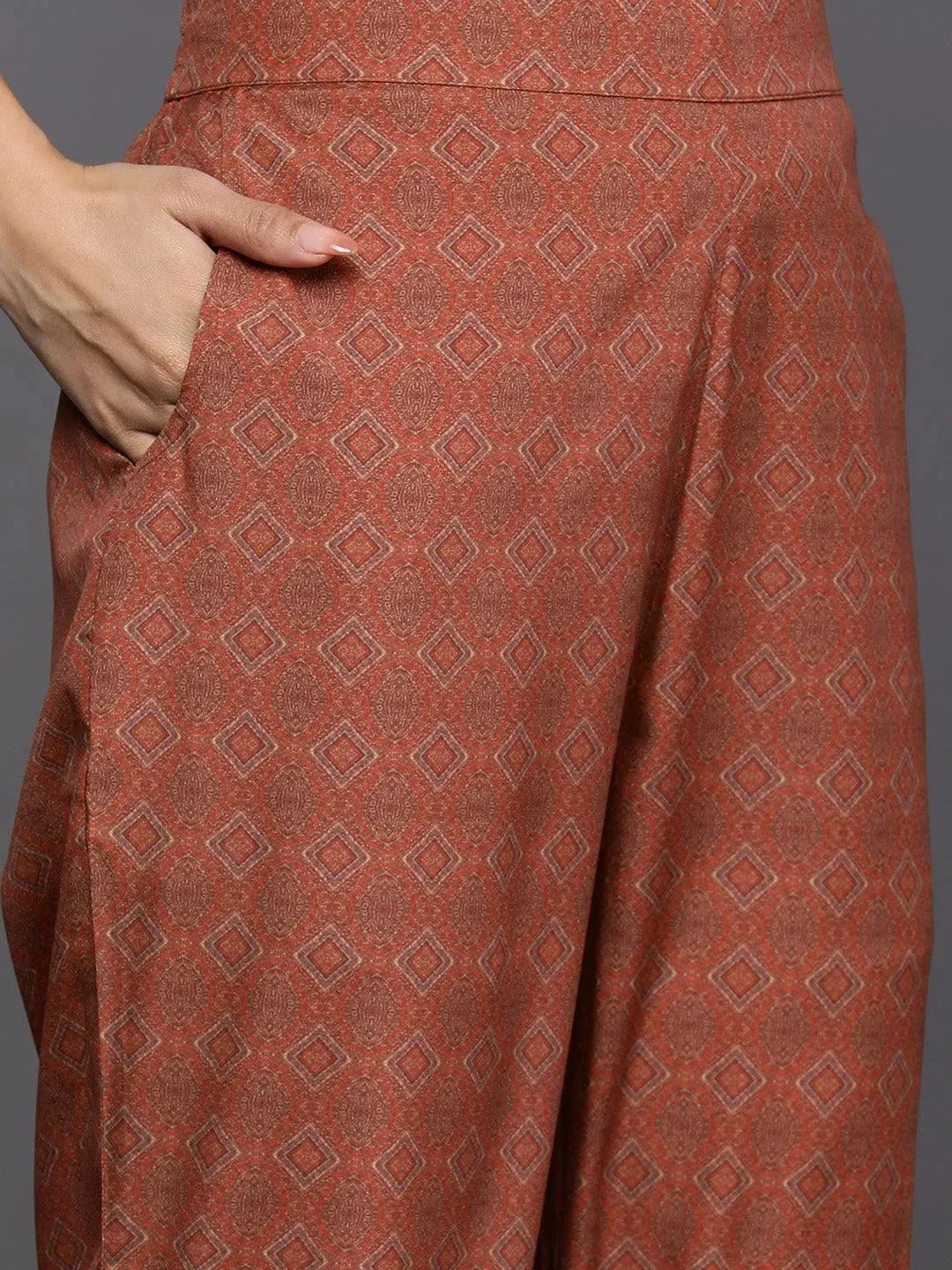Maroon Printed Crepe Straight Kurta With Trousers & Dupatta