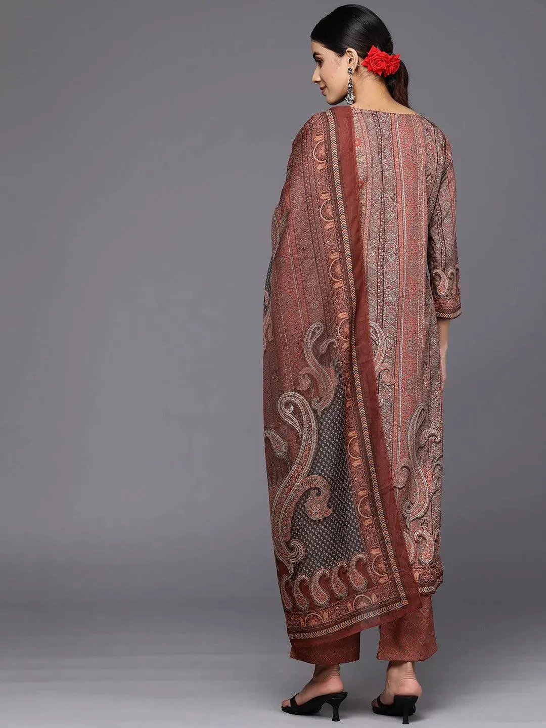 Maroon Printed Crepe Straight Kurta With Trousers & Dupatta