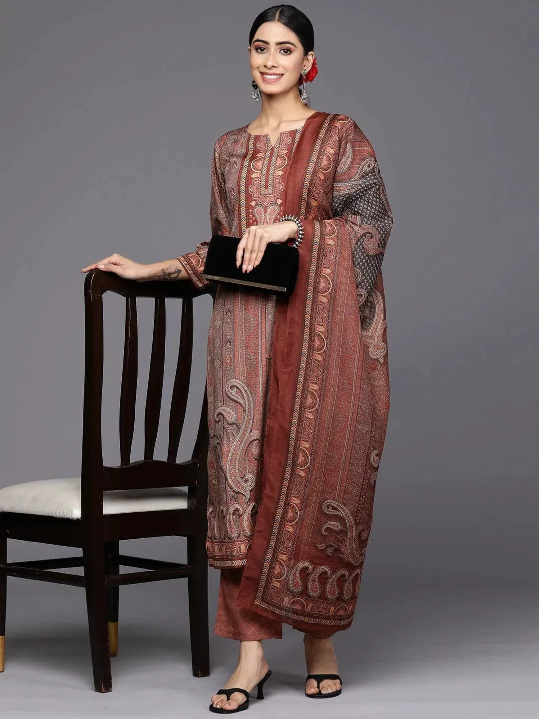 Maroon Printed Crepe Straight Kurta With Trousers & Dupatta