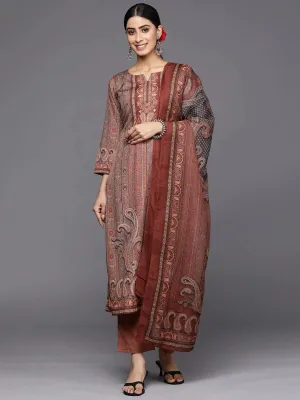 Maroon Printed Crepe Straight Kurta With Trousers & Dupatta