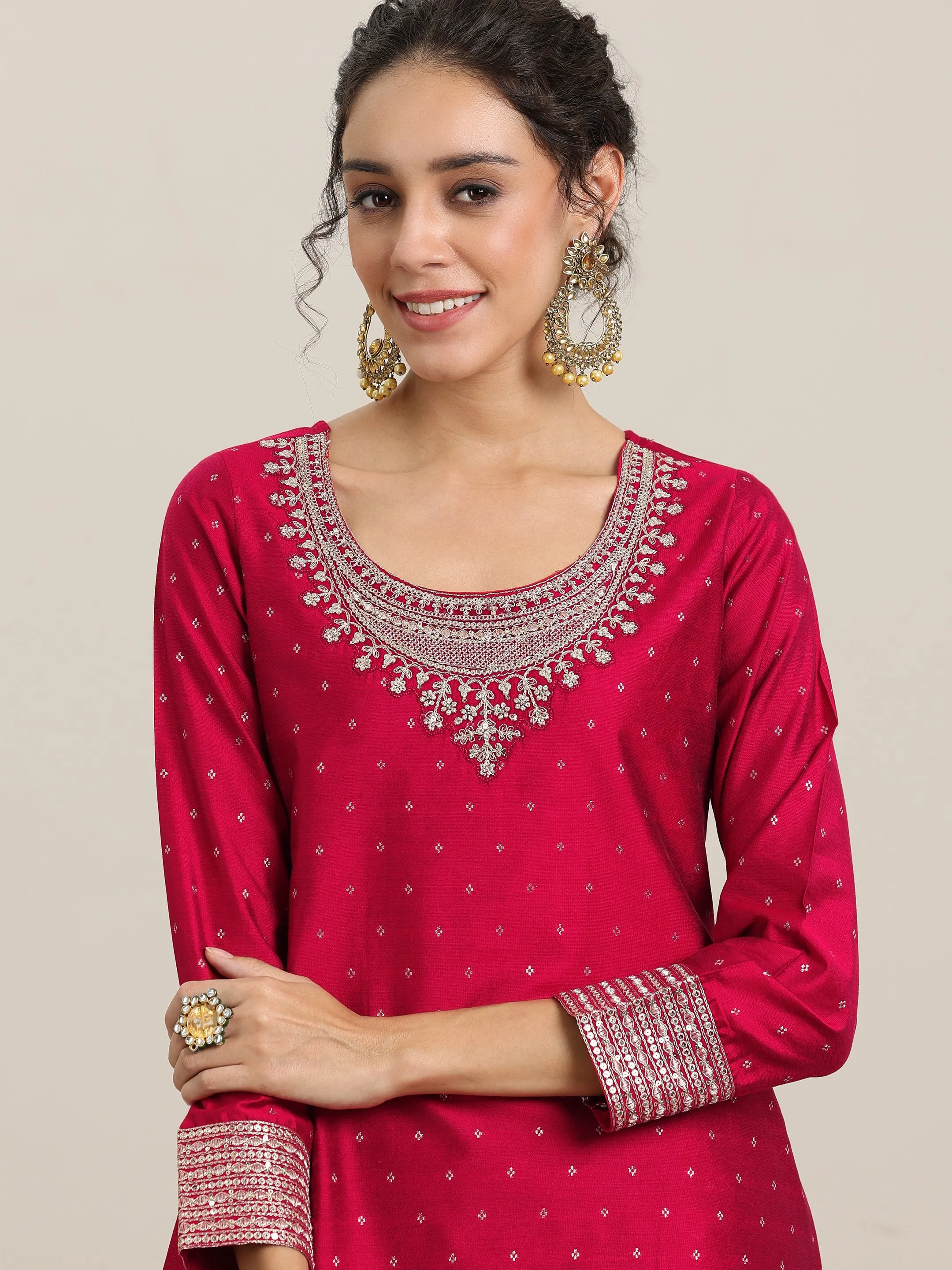 Maroon Woven Design Chanderi Silk A-Line Kurta With Palazzos & Dupatta