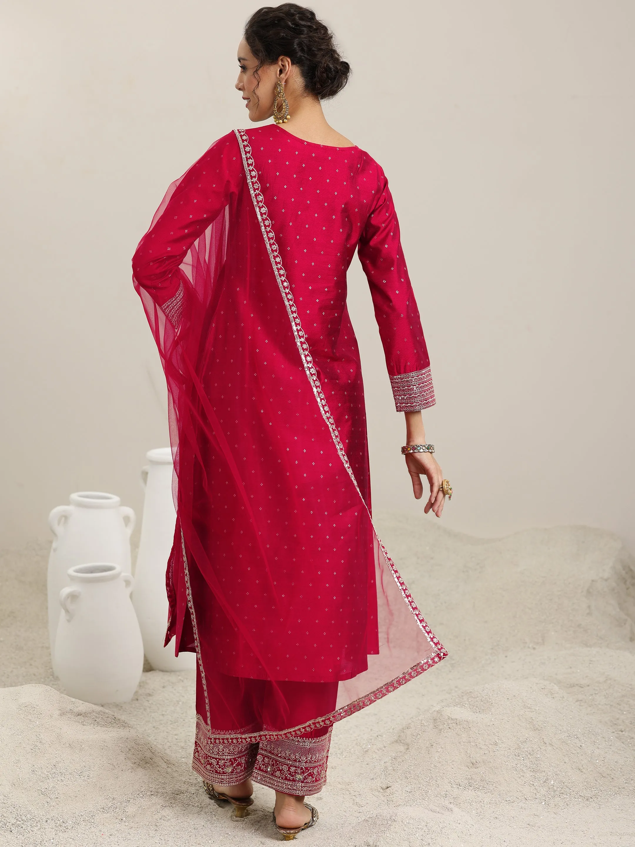 Maroon Woven Design Chanderi Silk A-Line Kurta With Palazzos & Dupatta