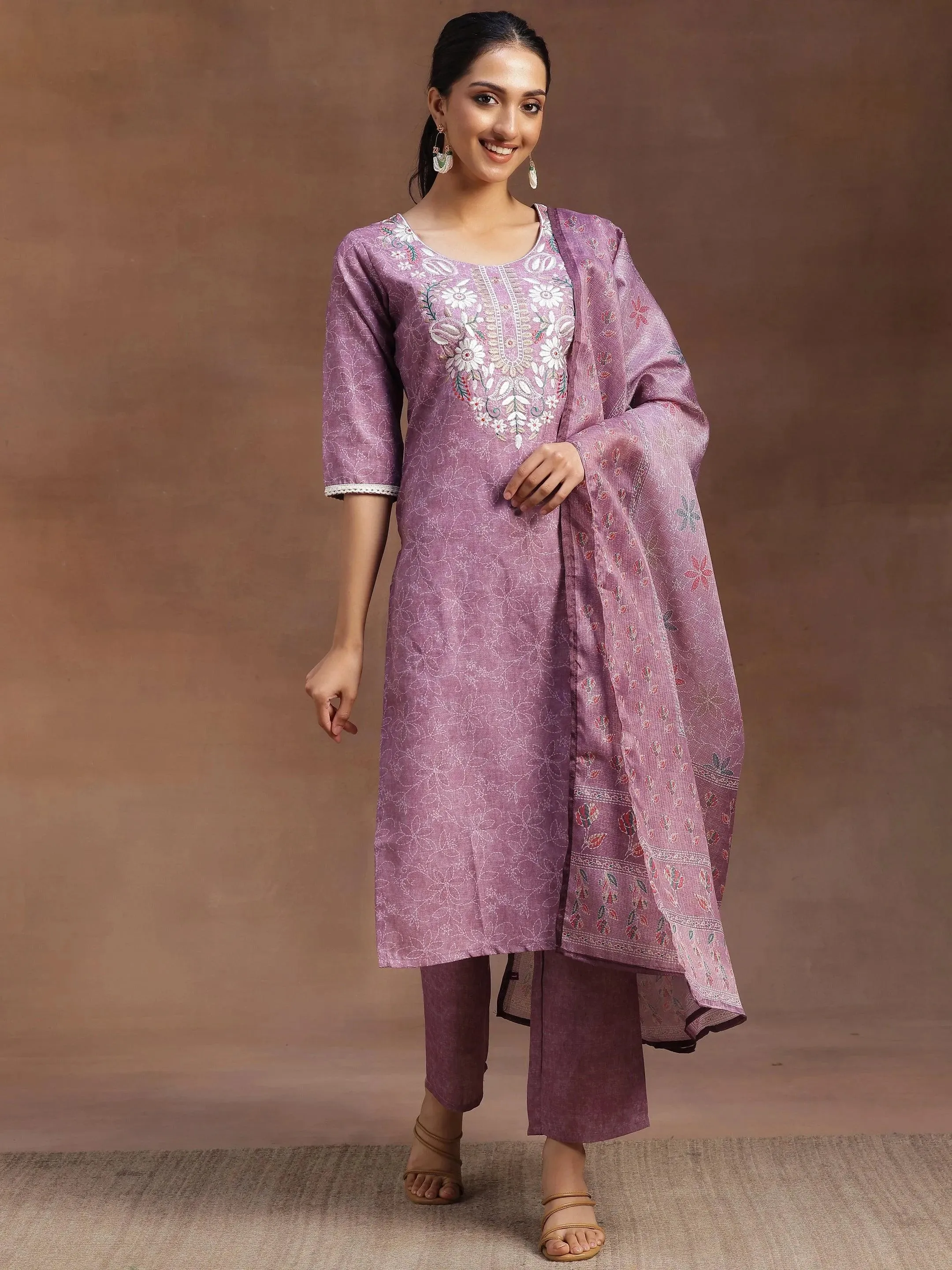 Mauve Yoke Design Cotton Straight Suit With Dupatta