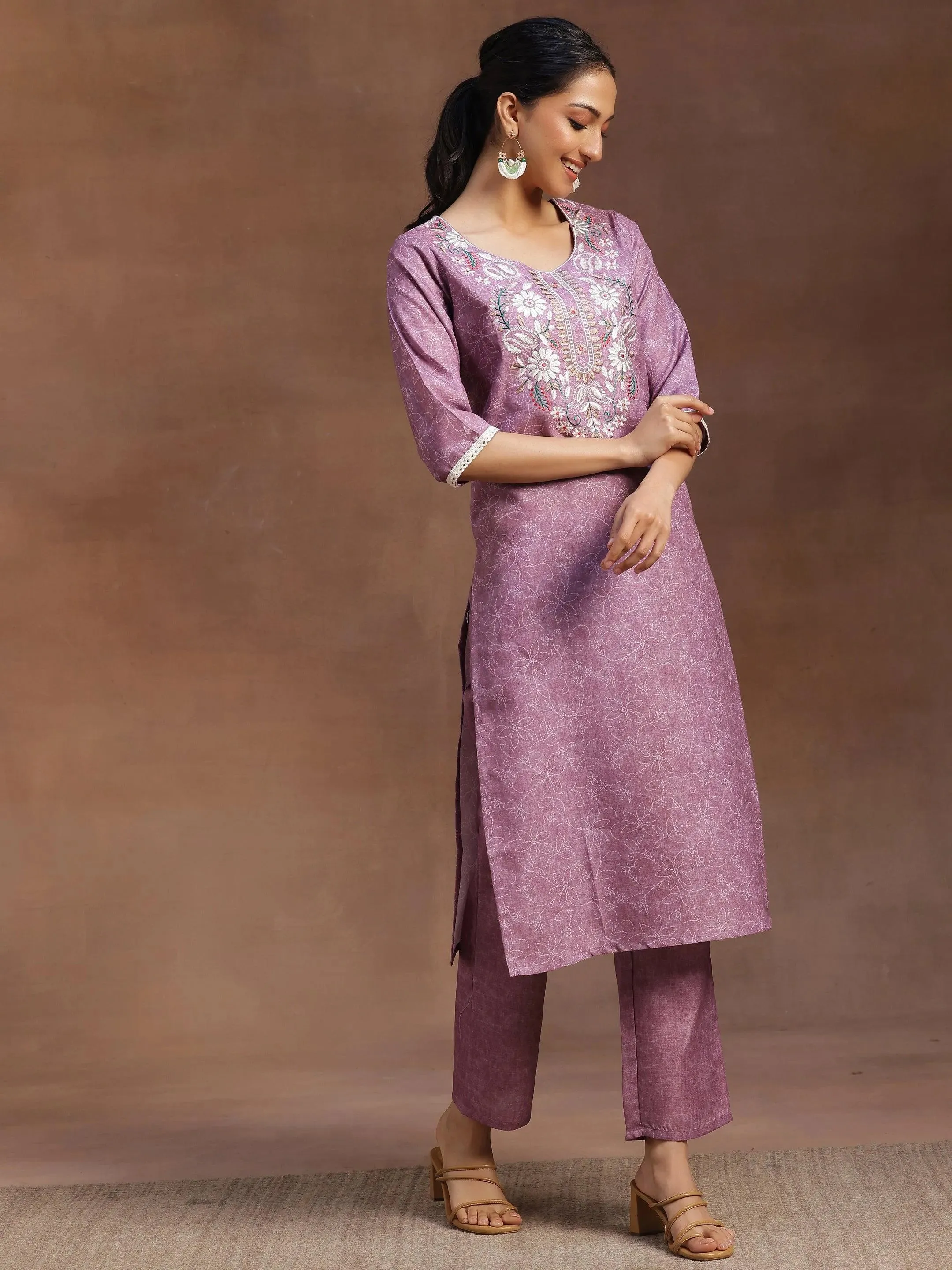 Mauve Yoke Design Cotton Straight Suit With Dupatta
