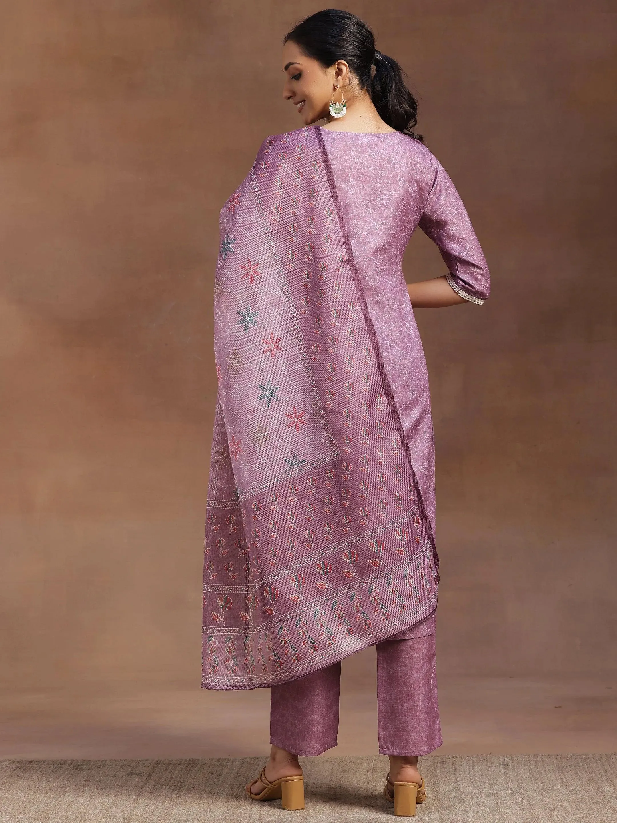Mauve Yoke Design Cotton Straight Suit With Dupatta