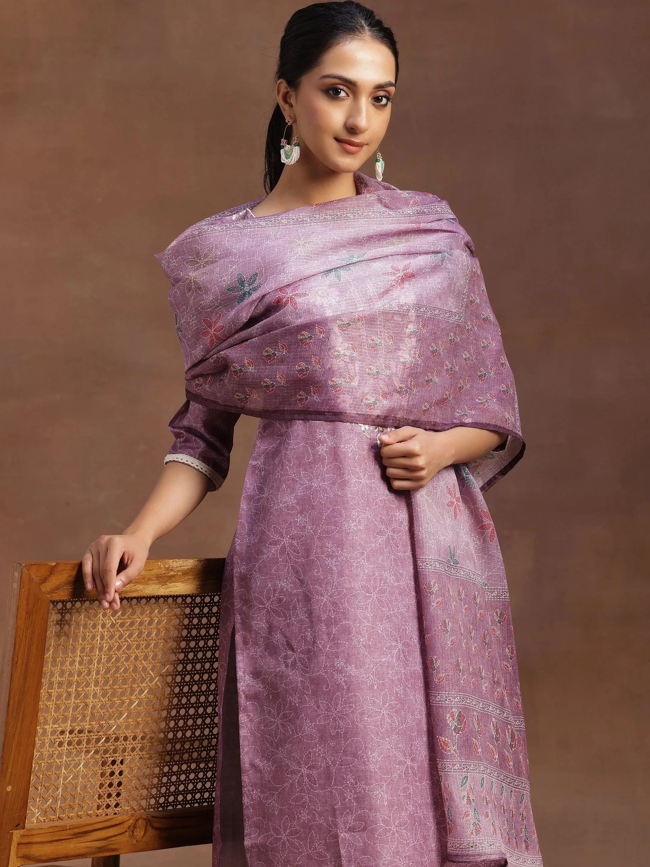 Mauve Yoke Design Cotton Straight Suit With Dupatta