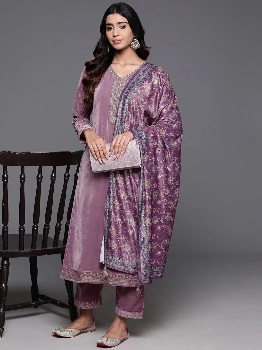 Mauve Yoke Design Velvet Straight Suit With Dupatta