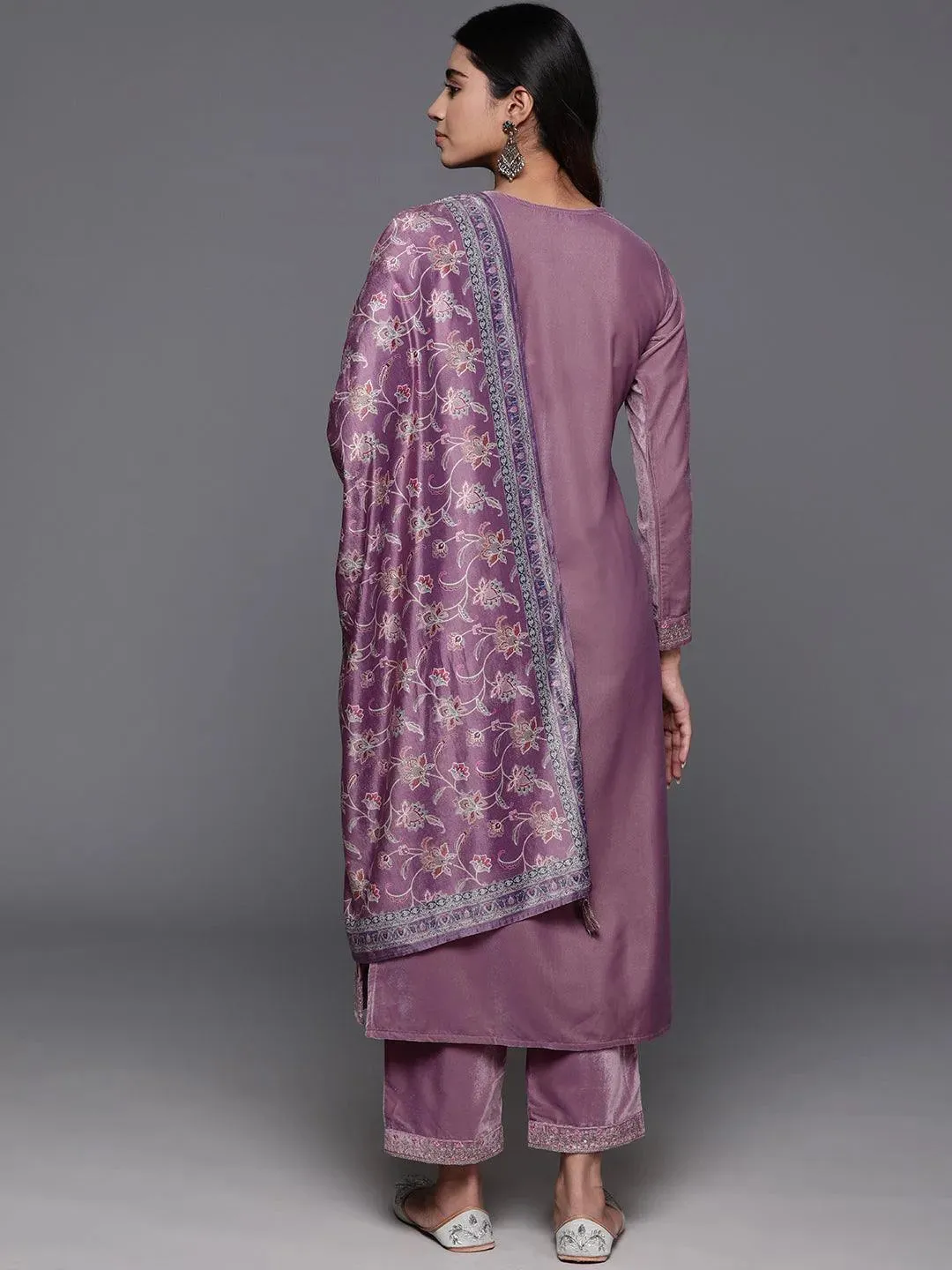 Mauve Yoke Design Velvet Straight Suit With Dupatta