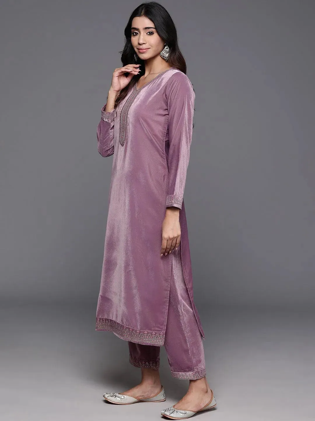 Mauve Yoke Design Velvet Straight Suit With Dupatta
