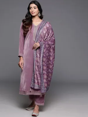 Mauve Yoke Design Velvet Straight Suit With Dupatta
